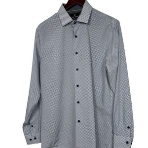 Tom Baine Performance Dress Shirt Mens L 16-16.5 Slim Fit Blue Geometric Stretch